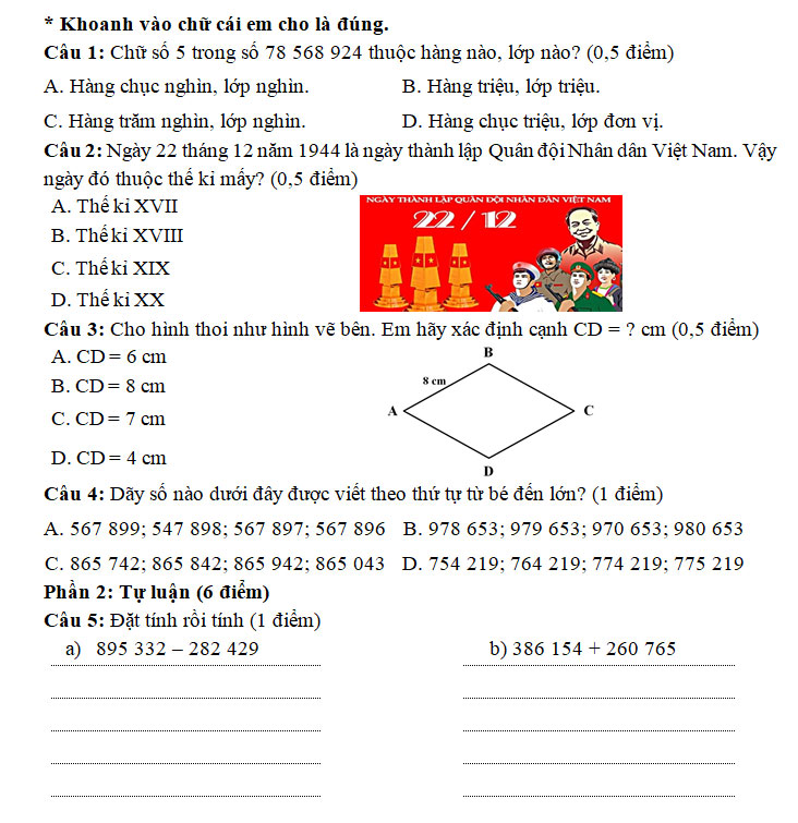 Đề thi cuối kì I môn Toán lớp 4